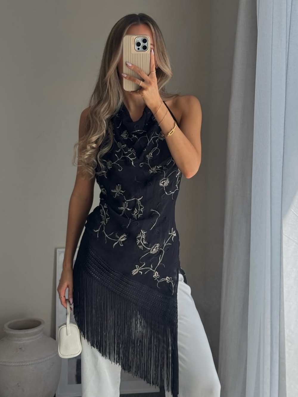 Zara Black Embroidered Fringe Scarf